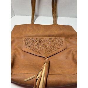 Boho Cognac Faux Leather Laser Cut Shoulder Tote Bag Tassel Detail